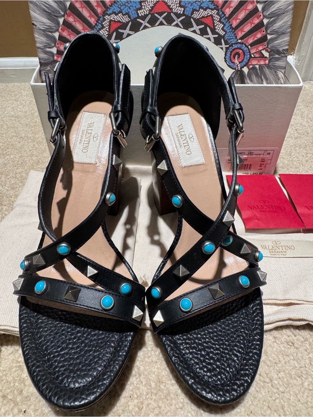 Valentino Black Leather Sandals with Turquoise Stud Accents